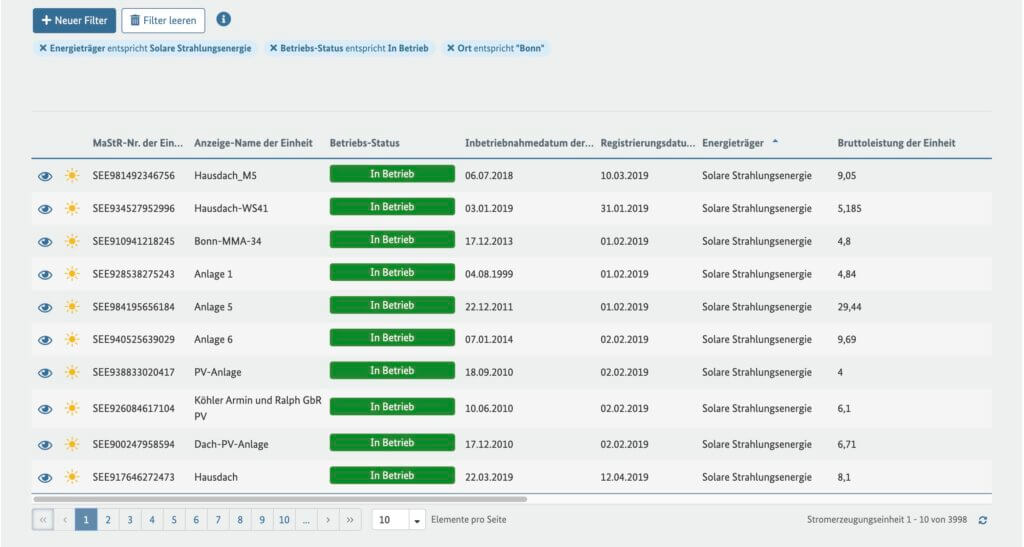 Auszug aus dem Marktstammdatenregister für den Filter "Bonn". © Marktstammdatenregister